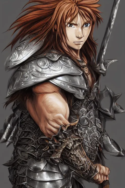 Image similar to A realistic anime portrait of a young handsome male barbarian with long wild hair, intricate fantasy spear, plated armor, D&D, dungeons and dragons, tabletop role playing game, rpg, jrpg, digital painting, by Yusuke Murata, concept art, highly detailed, promotional art, HD, digtial painting, trending on ArtStation, golden ratio, rule of thirds, SFW version