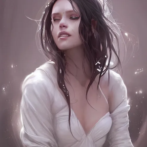Prompt: A portrait of a female sorceress in a white dress, art by artgerm and greg rutkowski, matte painting, trending on artstation, very detailed