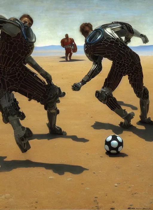 Image similar to a soccer match on mars by edgar maxence and caravaggio and michael whelan and delacroix style, artistic, intricate painting, cinematic lighting, hyper realistic, extremely detailed, establishing shot, 8 k resolution, dramatic lighting