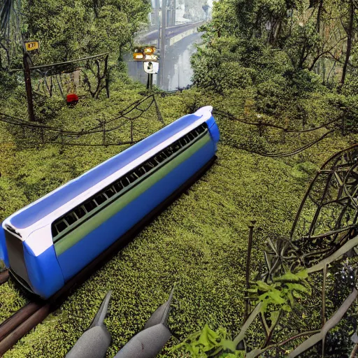 Prompt: a floating metro flying through an overgrown abandoned city