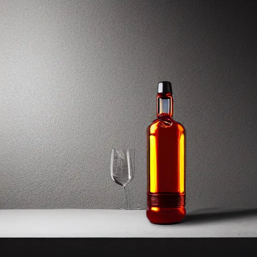 Prompt: an award - winning hyper hd advertisment photo of a translucent glass vodka bottle of a propane cylinder on a concrete slab, dramatic studio lighting, 1 0 0 mm, wide angle lens, ƒ / 8, behance, sharp focus, bokeh, 8 k