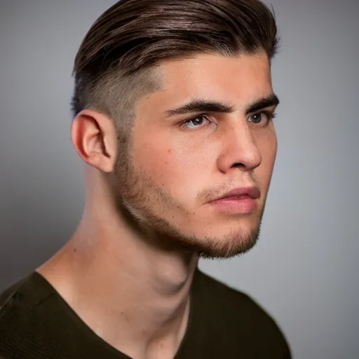 Prompt: a photo of a male model with medieval haircut, 4 k, studio lighting, wide angle lens