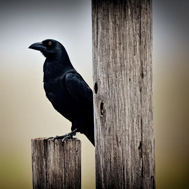 Prompt: a crow on a fence post, nature photography, wildlife photography canon, sony, nikon, olympus, 4 k, hd, 1 0 0 mm, depth of field