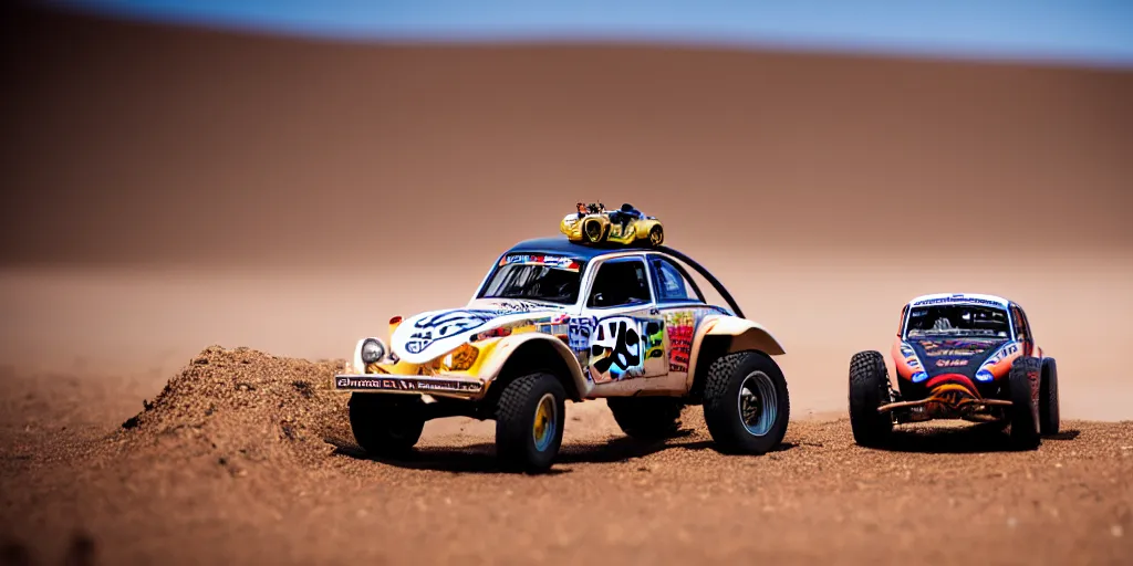 Image similar to Hot Wheels, VW BAJA BUG, trophy truck, cinematic, Maxxis, 8k, depth of field, mexican desert, bokeh, DAKAR.