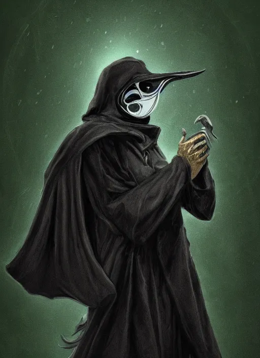 Image similar to a highly detailed illustration of plague doctor mask wearing woman, wearing black robe, eerily floating with cape in the wind pose, surrounded by green mist background, intricate, elegant, highly detailed, centered, digital painting, artstation, concept art, smooth, sharp focus, league of legends concept art, WLOP