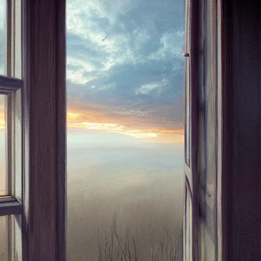 Image similar to view from window, sunset, high detail, dramatic light, digital art, painted by seb mckinnon, trending on artstation