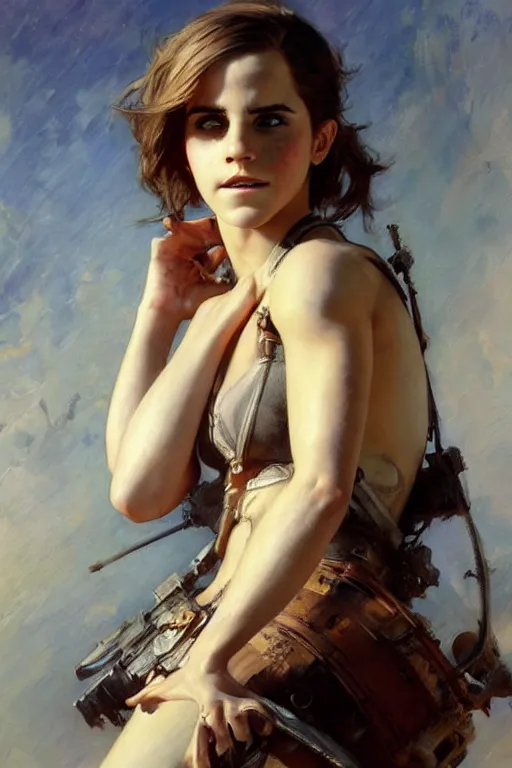 Image similar to detailed portrait of a beautiful emma watson as nier automata muscular, painting by gaston bussiere, craig mullins, j. c. leyendecker