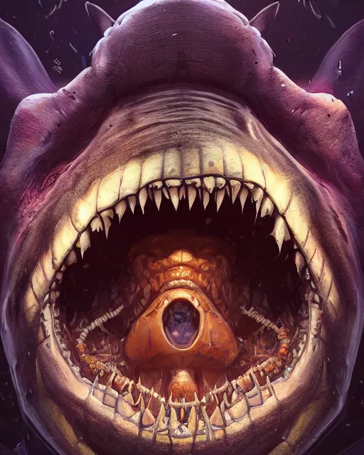 Image similar to portrait of megalodon - exterminator - royal - king, intricate abstract. intricate artwork, by tooth wu, wlop, beeple, dan mumford. concept art, octane render, trending on artstation, greg rutkowski very coherent symmetrical artwork. cinematic, key art, hyper realism, high detail, octane render, 8 k, iridescent accents