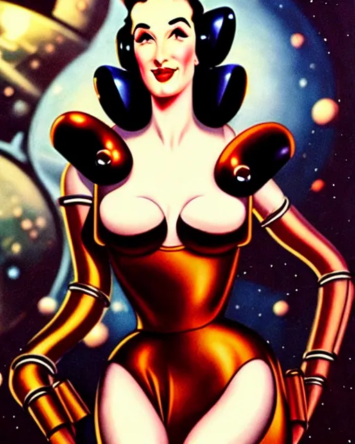 Prompt: closeup beautiful retro space dita von teese posing with a chrome robot in dieselpunk city at night, pinup, windblown dark hair, seductive, hyper detailed, digital art, smooth, sharp focus, gil elvgren, luis royo, alberto vargas, 1 9 5 0, when mars attacks