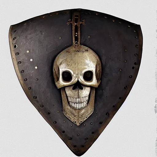 Prompt: a medieval long iron shield with an skull of a horse in one side that shows the concept of inequity in its shape