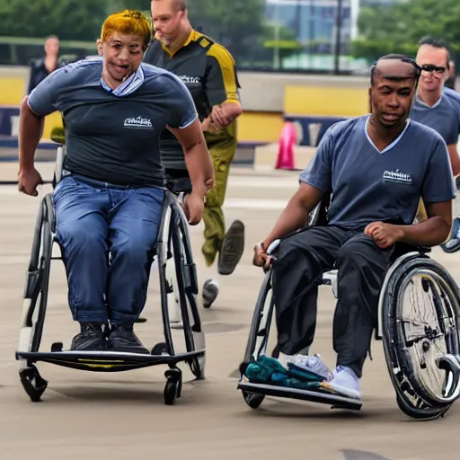 Image similar to men in khaki on wheelchairs with turbo engines compete on a race track