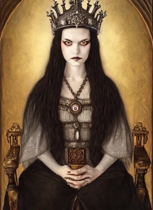 Prompt: highly detailed closeup portrait of a goth medieval queen wearing a crown and sitting on a throne, nicoletta ceccoli, mark ryden, earl norem, lostfish, global illumination, god rays, detailed and intricate environment