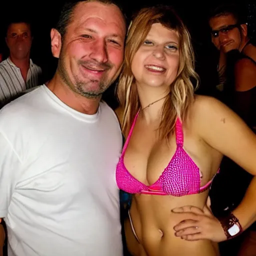 Image similar to photo of a 4 0 year old man that looks old for his age dating a very ugly 2 2 year old woman wearing a bikini. they are at a high end club.
