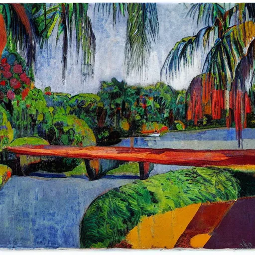 Image similar to a long river, tied bridge on local river, a lot of boat in river, 2 number house near a lot of palm trees and bougainvillea, summer, painting style of mondrian gray tree - 1 0 0 0