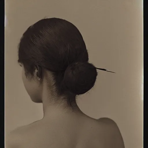 Prompt: Installation art. a woman is shown from behind, her body slightly blurred as if in motion. Her long hair cascades down her back, and she is holding a small bird in her hand. tattoo, daguerreotype by Hayao Miyazaki calm