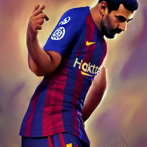 Image similar to portrait, body and torso, saddam hussain, fc barcelona, jersey number 1 0, dark blue, maroon red, unreal engine 5, trending on artstation, master piece, octane render, art by artgerm and greg rutkowski and alphonse mucha