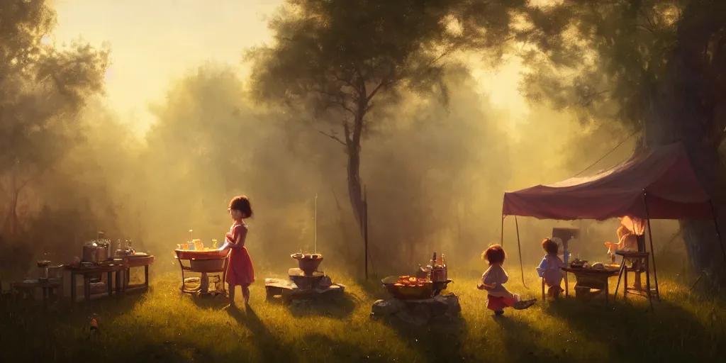 Image similar to big eyed brunette sweet little girl looking sad in front of barbecue near tent at camp, extremely detailed digital painting, in the style of fenghua zhong and ruan jia and jeremy lipking and peter mohrbacher, mystical colors, rim light, beautiful lighting, 8 k, stunning scene, raytracing, octane, trending on artstation