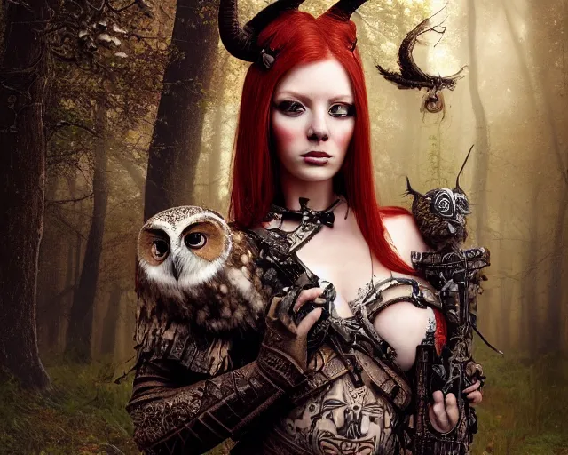 Prompt: 5 5 mm portrait photo of an armored gorgeous anesthetic redhead woman warrior with a face tattoo and horns growing from her head, and owl sitting on her shoulder in a magical forest in the style of stefan kostic, art by luis royo. highly detailed 8 k. intricate. lifelike. soft light. nikon d 8 5 0. cinematic post - processing