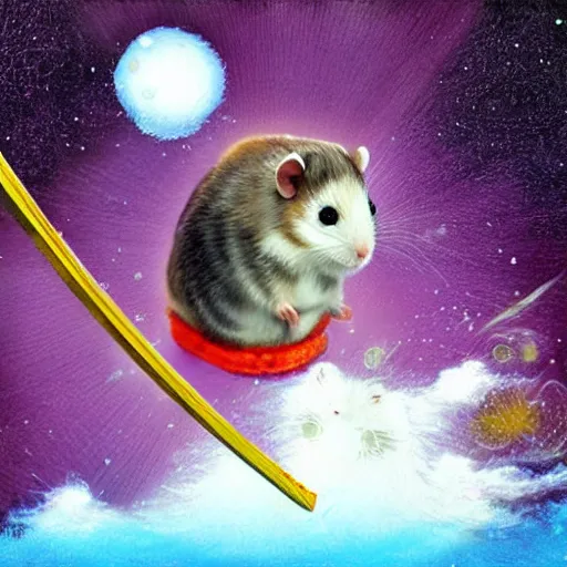 Image similar to japanese hamster samurai. with long sword. anime art. painting. rain of meteors on background. hyper realistic image