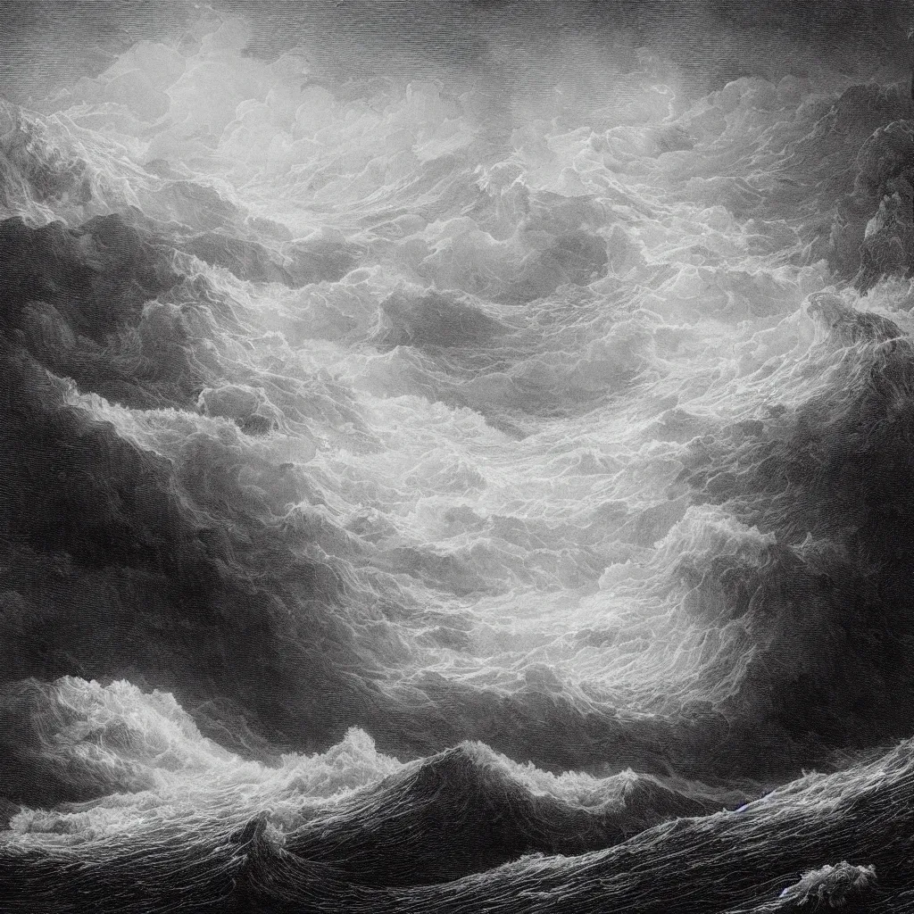 Image similar to “An engraving of a storm at sea by Gustave Dore”