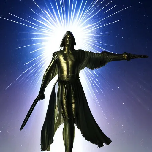 Image similar to An archangel man standing in a medieval battlefield points a white fantasy sword towards the sky with a beacon of light coming down to refract off of the swords tip into shattered beam fragments around his body