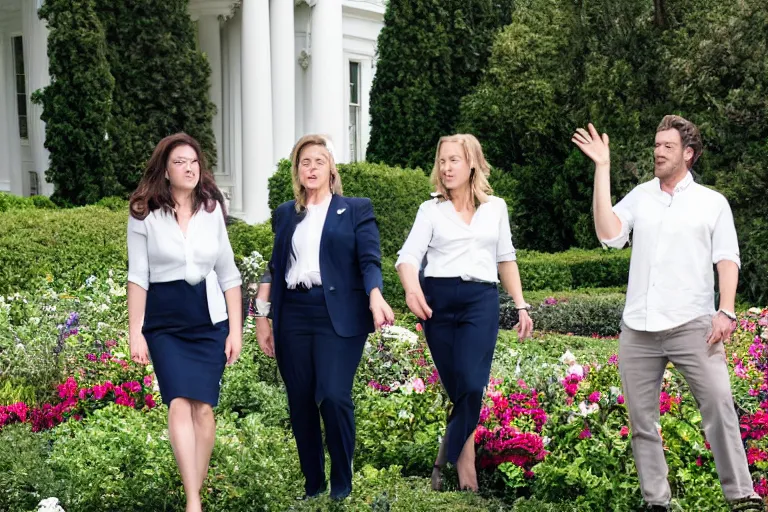 Image similar to press photo of a beautiful thirtysomething powerful female president in a suit, being held romantically by her two younger boyfriends in the white house rose garden, professional photo, press photo, glamorous, 8 k photorealistic, very detailed