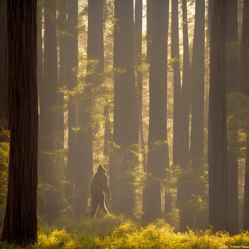 Image similar to bigfoot walking in the california redwoods, golden hour, illuminated fog, award winning photography, 2 0 0 mm, f 2. 8, 8 k