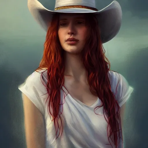 Image similar to an portrait of an beautiful woman wearing white t shirt and a blue vest and a cowboy hat, goddess, dirty clothes, flowing red hair, digital painting, artstation, concept art, soft light, hdri, smooth, sharp focus, illustration, fantasy, intricate, elegant, highly detailed, D&D, matte painting, in the style of Greg Rutkowski and Alphonse Mucha and artemisia, 8k, highly detailed, jurgens, rutkowski, bouguereau, pastoral, rustic, georgic, detailed concept art, illustration, colorful pastel, painting, detail, ultra detailed, digital art, 4K, unreal engine 5, 16k resolution,