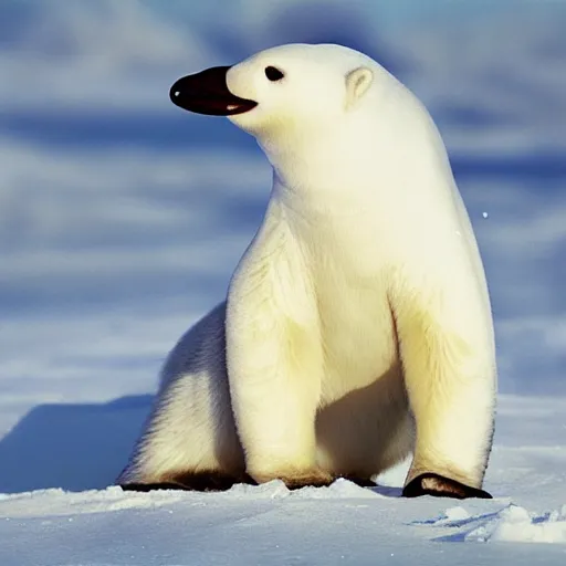 Prompt: hyperrealistic photo of pingu in real life, arctic wildlife photographer's picture, extremely detailed, impressive shading, polar bears in the beakground