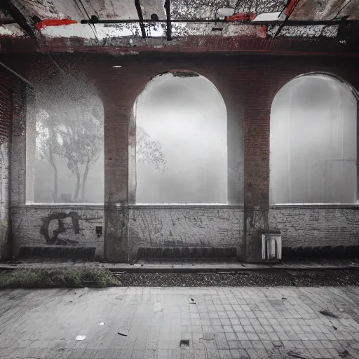 Prompt: derelict train station, cracked walls, dust, fog, hyperdetailed, 4 k