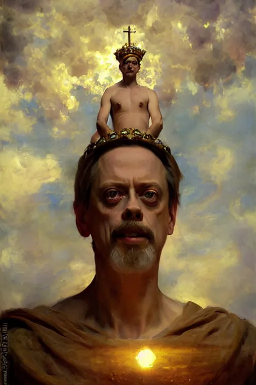 Image similar to beautiful impressionistic oil painting portrait of ancient roman god emperor steve buscemi ascending wearing the civic crown levitating in religious pose, art by anders zorn, wonderful masterpiece by greg rutkowski, expressive brush strokes, beautiful cinematic light, american romanticism by greg manchess, jessica rossier