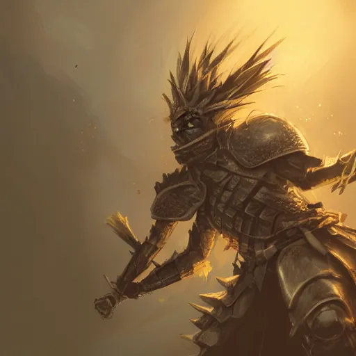 Image similar to Anthropomorphized pineapple in battle armour, D&D, fantasy, cinematic lighting, highly detailed, digital painting, artstation, concept art, smooth, sharp focus, illustration, warm light, cozy warm tint, magic the gathering artwork, volumetric lighting, 8k, no gold, no gold colours, art by Akihiko Yoshida, Greg Rutkowski