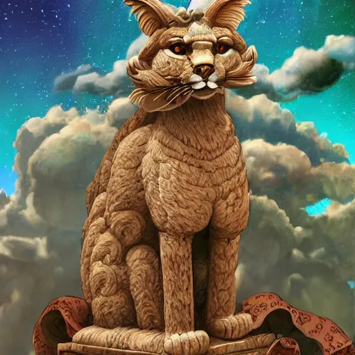 Image similar to a masterpiece hyperdetailed dnd tarot card, magnificent olive laurel wreaths as depicted in a colossal cute caracal marble statue, hd tarot card depicting monumental statue of a cute caracal hdr, 8 k, artstationhq, digital art