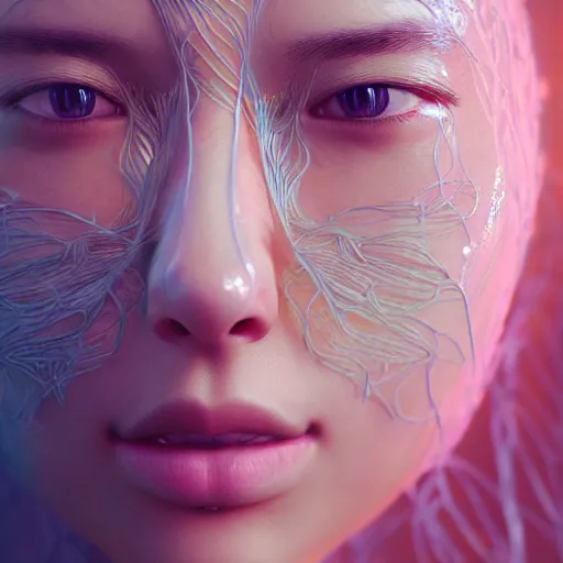 Prompt: intricate highly detailed face portrait of asian - european woman, light blue - pink gradient water vines on her face, intricate, cgsociety, unreal engine, octane render, sharp focus, smooth, volumetric lighting, cinematic composition, artstation