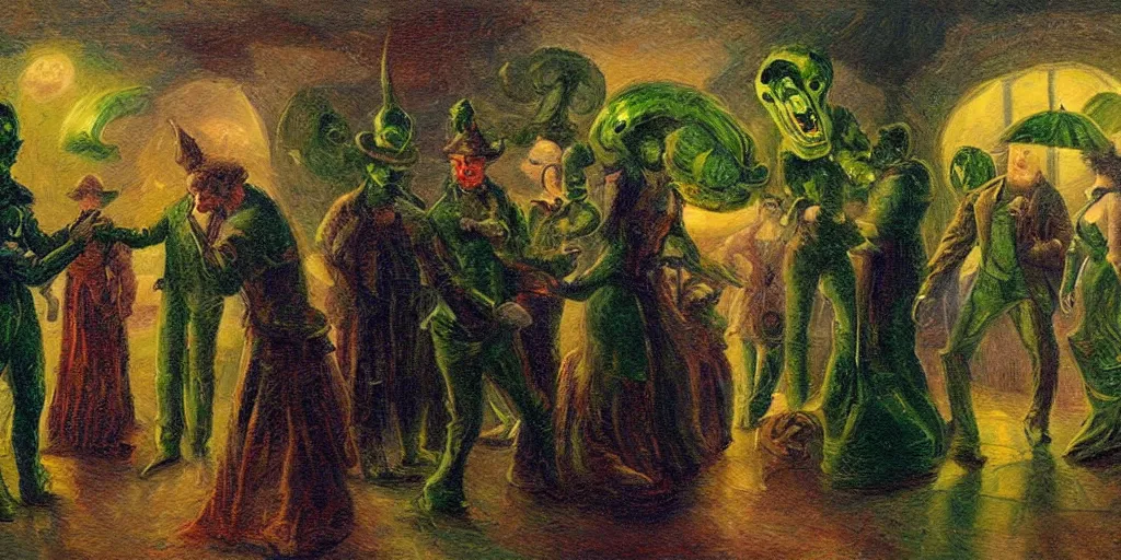 Image similar to tall terrifying green futuristic aliens sitting in a circle. in the victorian era. in the style of an impressionist painting.