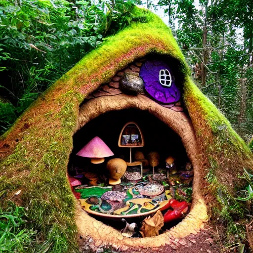 Prompt: alice and wonderland psychedelic hobbit hole with everything made of mushrooms