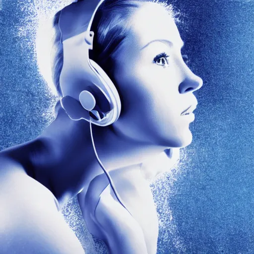 Image similar to dripping electrical blue paint across the shape of a female human listening to music, realistic , high detail, on a white background