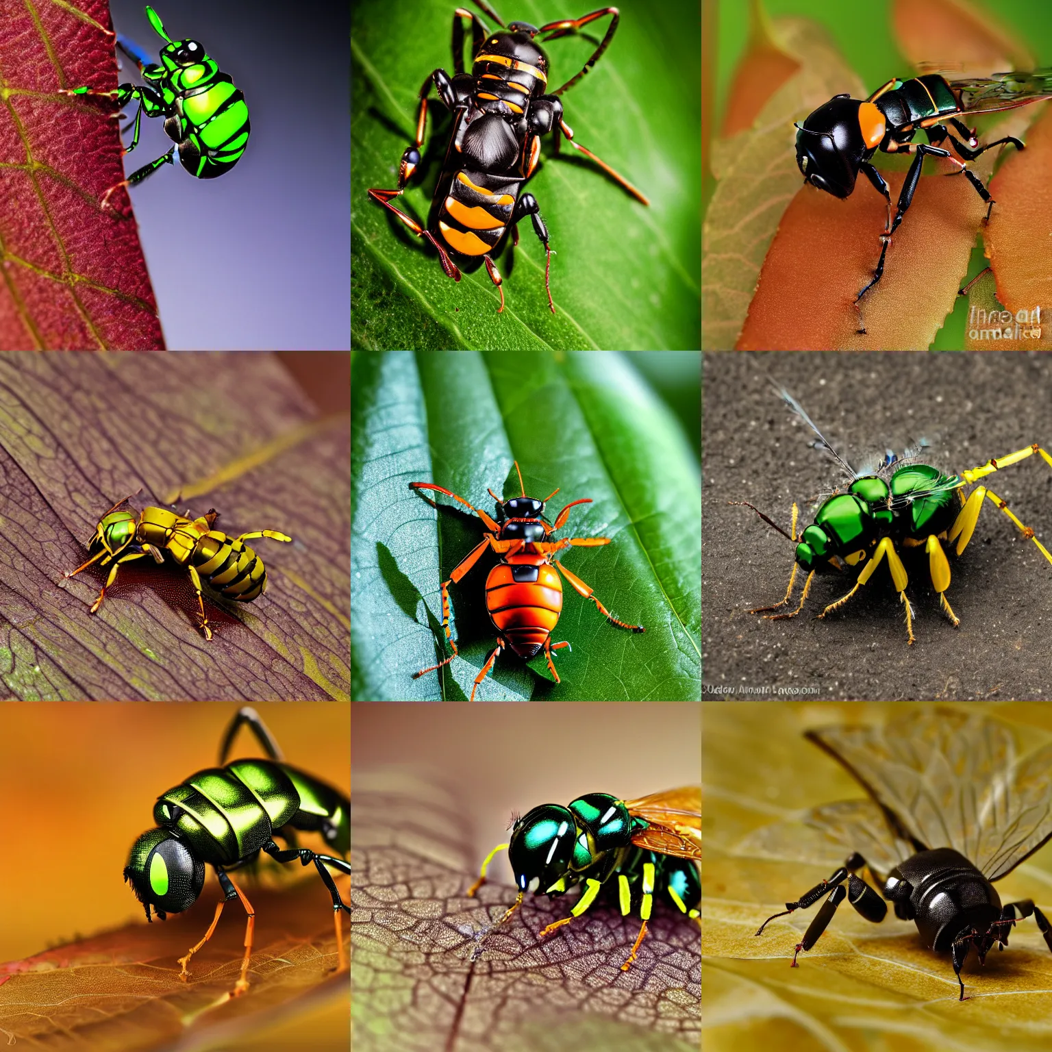 Prompt: A robotic wasp on a leaf, robotics concept, 50mm macro wildlife photo, digital art