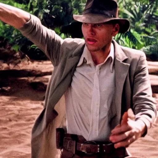 Prompt: Live Action Still of Jerma in Raiders of the Lost Ark, real life, hyperrealistic, ultra realistic, realistic, highly detailed, epic, HD quality, 8k resolution, body and headshot, film still