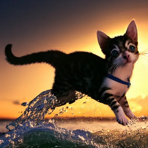 Image similar to a closeup photorealistic photograph of a cute kitten - chihuahua hybrid splashing in the surf during sunset. professional capture, well lit shot. this 4 k hd image is trending on artstation, featured on behance, well - rendered, extra crisp, features intricate detail, epic composition and the style of unreal engine.