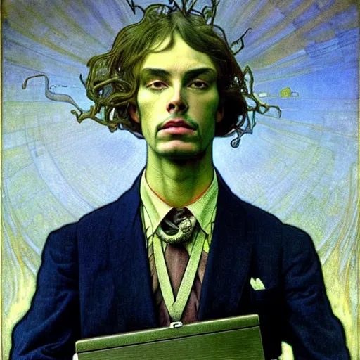 Image similar to realistic extremely detailed portrait painting of. an average. man with his. briefcase .in his. left hand . by Jean Delville, Amano, Yves Tanguy, Alphonse Mucha, Ernst Haeckel, Edward Robert Hughes, Roger Dean, pale muted pastel moody colors, gold eyes