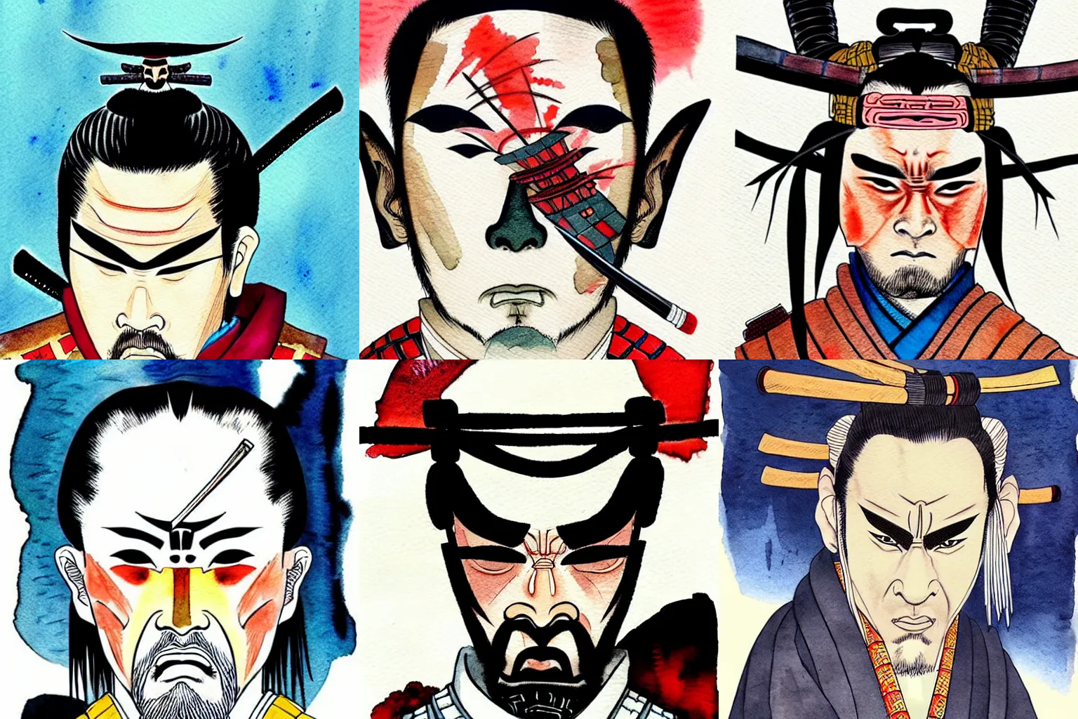 Prompt: samurai with five five heads!!, ink and watercolor illustration masterpiece, perfectly realistic yet surreal, by ryan ottley