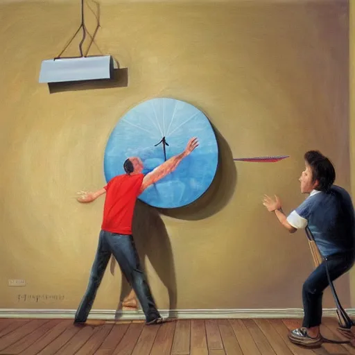 Image similar to hyperrealism painting from the housefly perspective getting swatted at from a man with a fly swatter