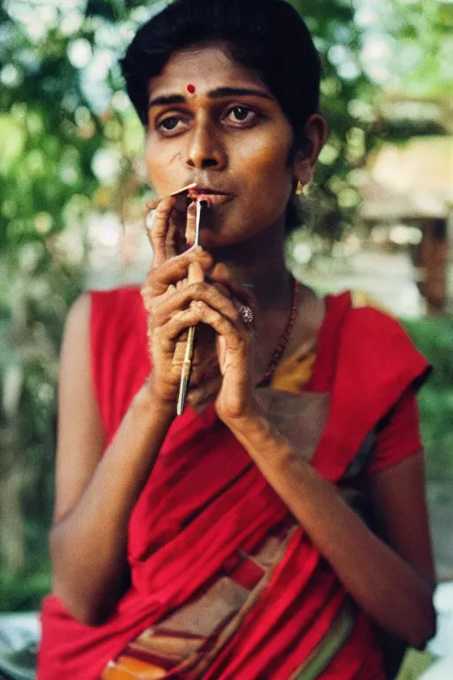 Image similar to portrait of a sri lankan woman smoking cigarette, 8 0's style, high - fidelity