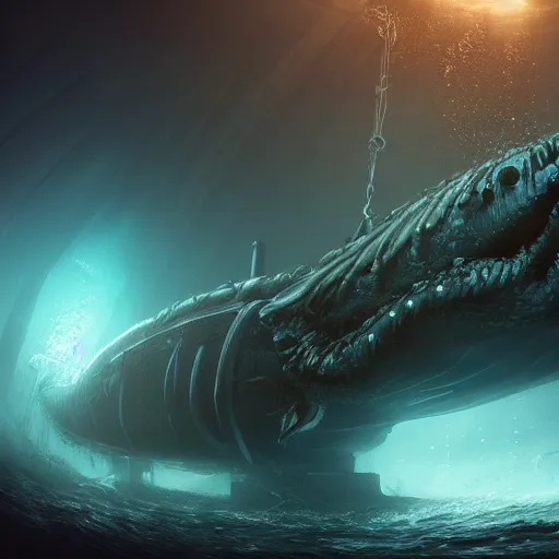 Prompt: a huge eldritch underwater sea monster illuminated by a small submarine spotlight in the depths by Marek Okon, god rays, fantasy art, 4k, HDR, photorealistic, 8k, trending on artstation