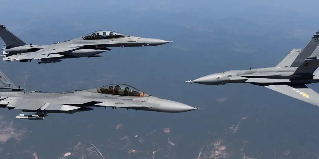 Prompt: Flying an F-16 in full afterburner over Korea, realistic, hyper-detailed, dramatic lighting, cinematic, 8k