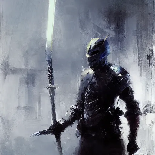 Image similar to knight holds sword made of lightning enemies everywhere, realistic, ultrahd, jeremy mann painting