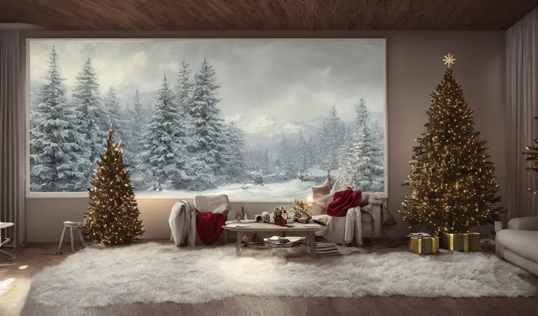 Image similar to a christmas eve in a beautiful home, photorealistic landscape painting on the wall, ascher clemens, home, interior, octane render, deviantart, greg rutkowski, cinematic, key art, hyperrealism, canon eos c 3 0 0, ƒ 1. 8, 3 5 mm, 8 k, medium - format print