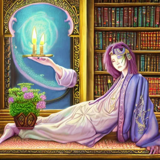 Image similar to a detailed fantasy pastel painting of a young wizard in ornate clothing lounging on a purpur pillow on the marble floor in front of her bookcase, studying an ancient tome. to the side is a potted plant and some blue candles. ancient oriental retrofuturistic setting. 4 k key art in the style yoshitaka amano. anatomically correct