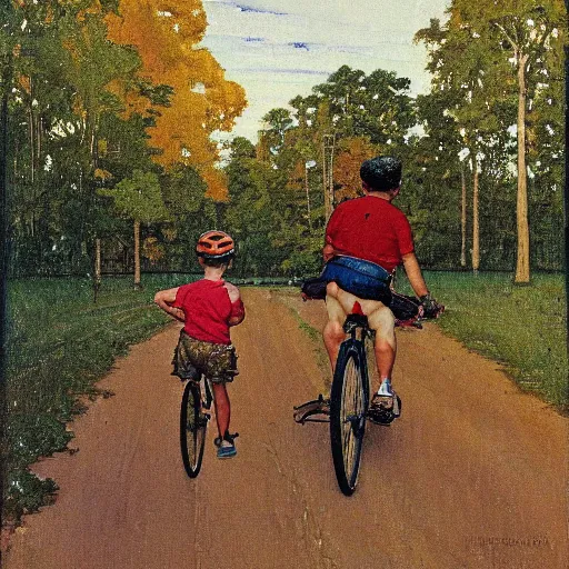 Prompt: A painting in the style of Norman Rockwell of a boy trying to learn to ride a bike. His father is holding the bike to help. The road is lined with tall trees, A farm can be seen in the background. A dog is close by